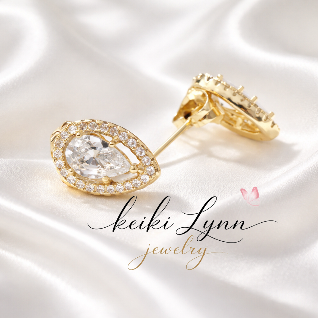 14k Gold Plated Clear Zircon Tear Drop Stud Earrings