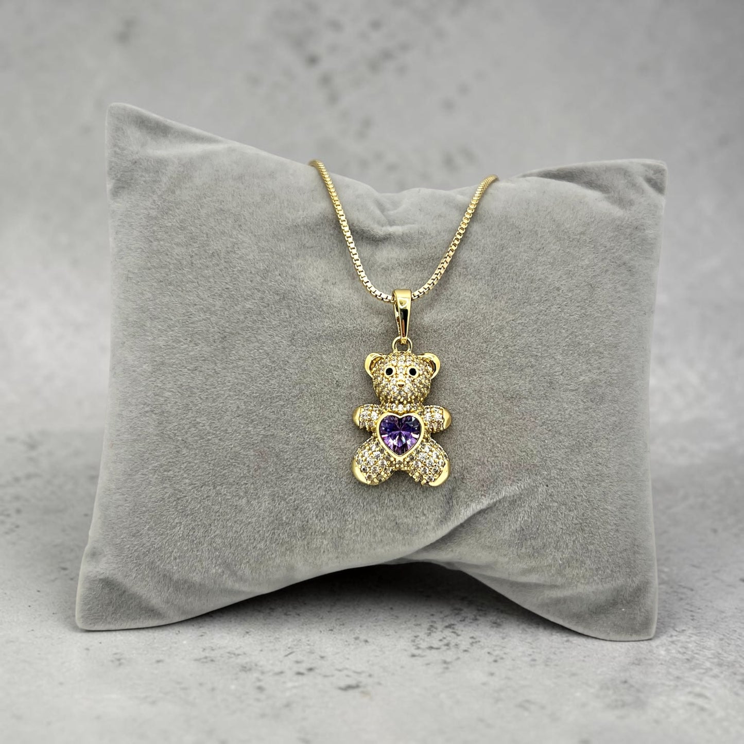 Purple Heart CZ Teddy Necklace 19.5 inches ~14k Gold Plated