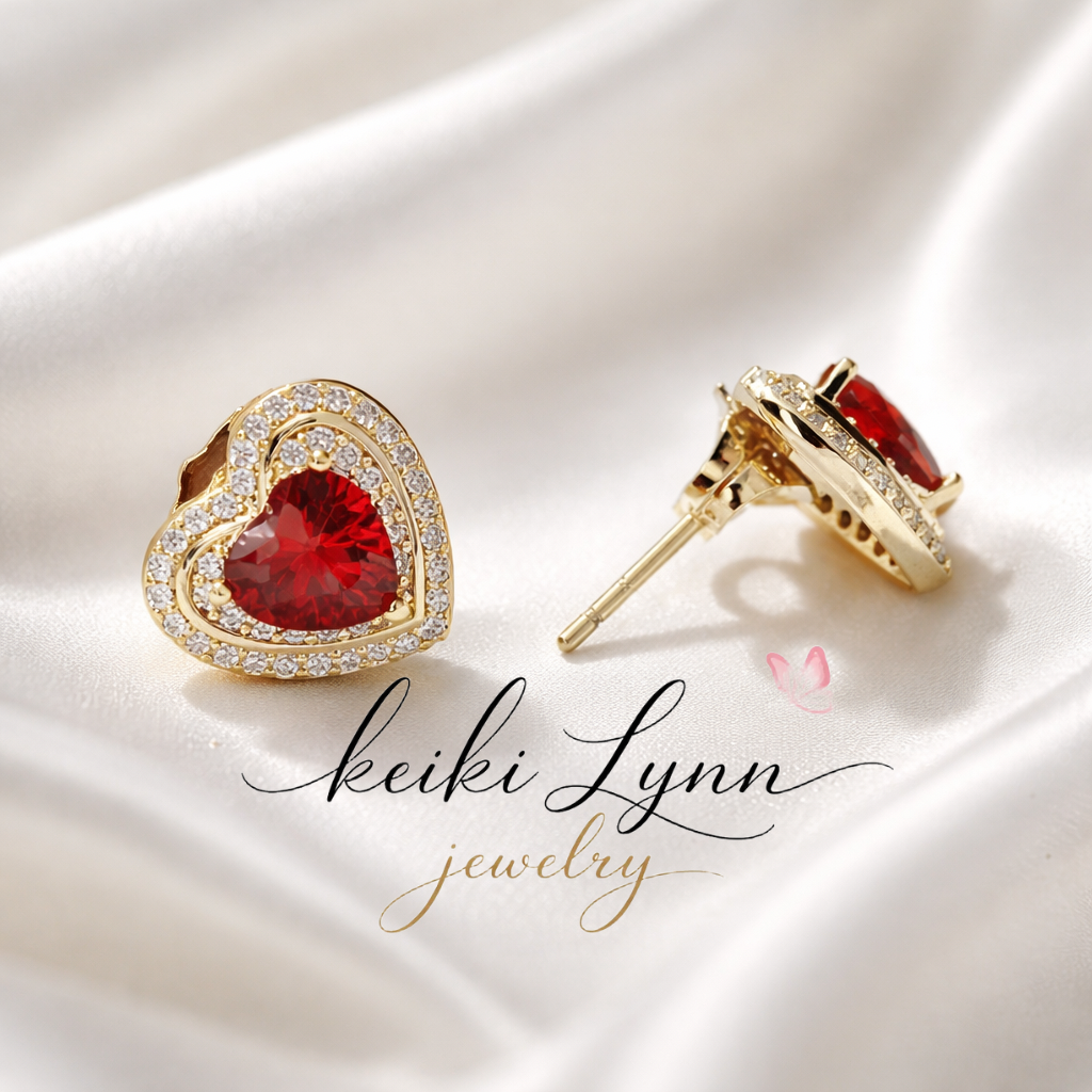 14k Gold Plated Elegant Red Heart Stud Earrings