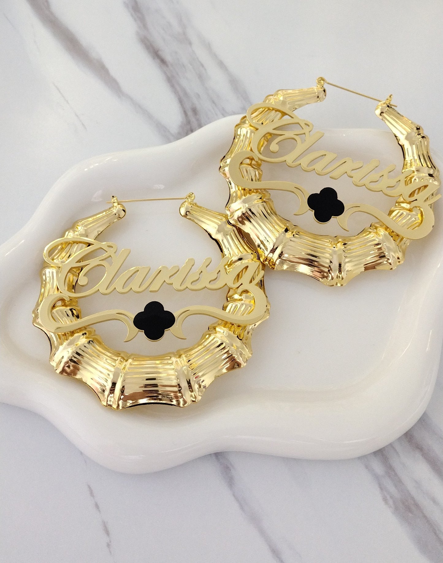 Bamboo Earrings With Black Four Leave Clover