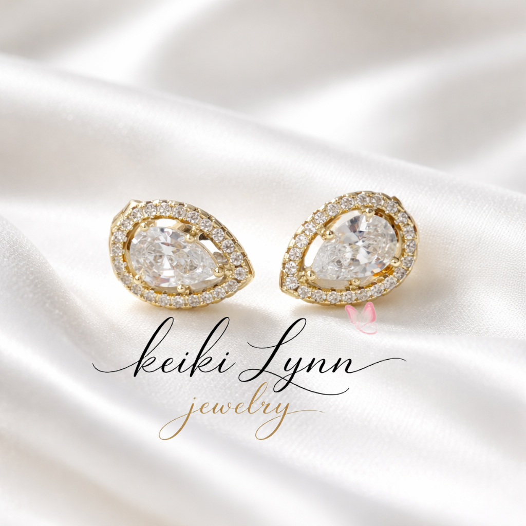 14k Gold Plated Clear Zircon Tear Drop Stud Earrings