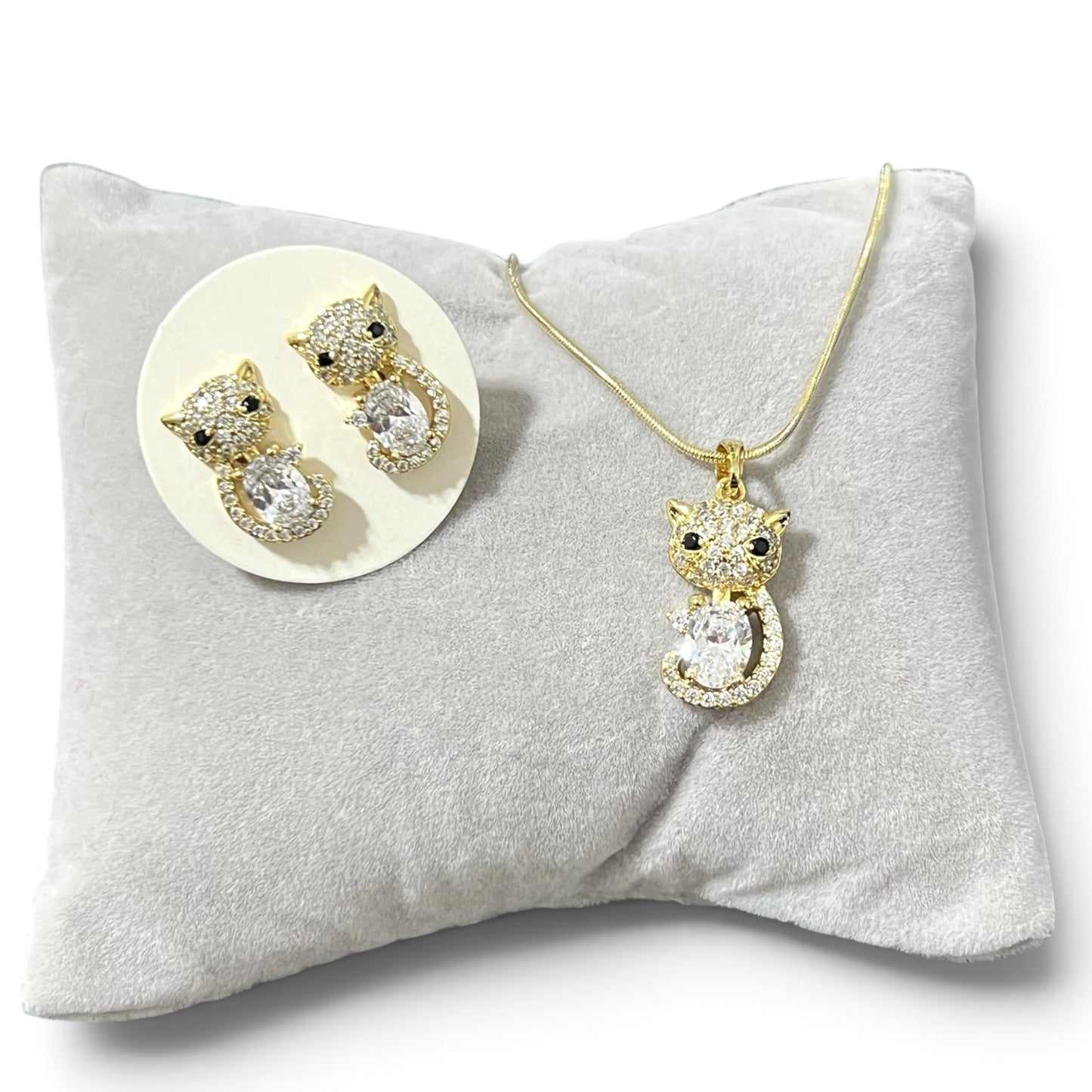 Cat CZ Necklace & Earrings set~14k Gold Plated