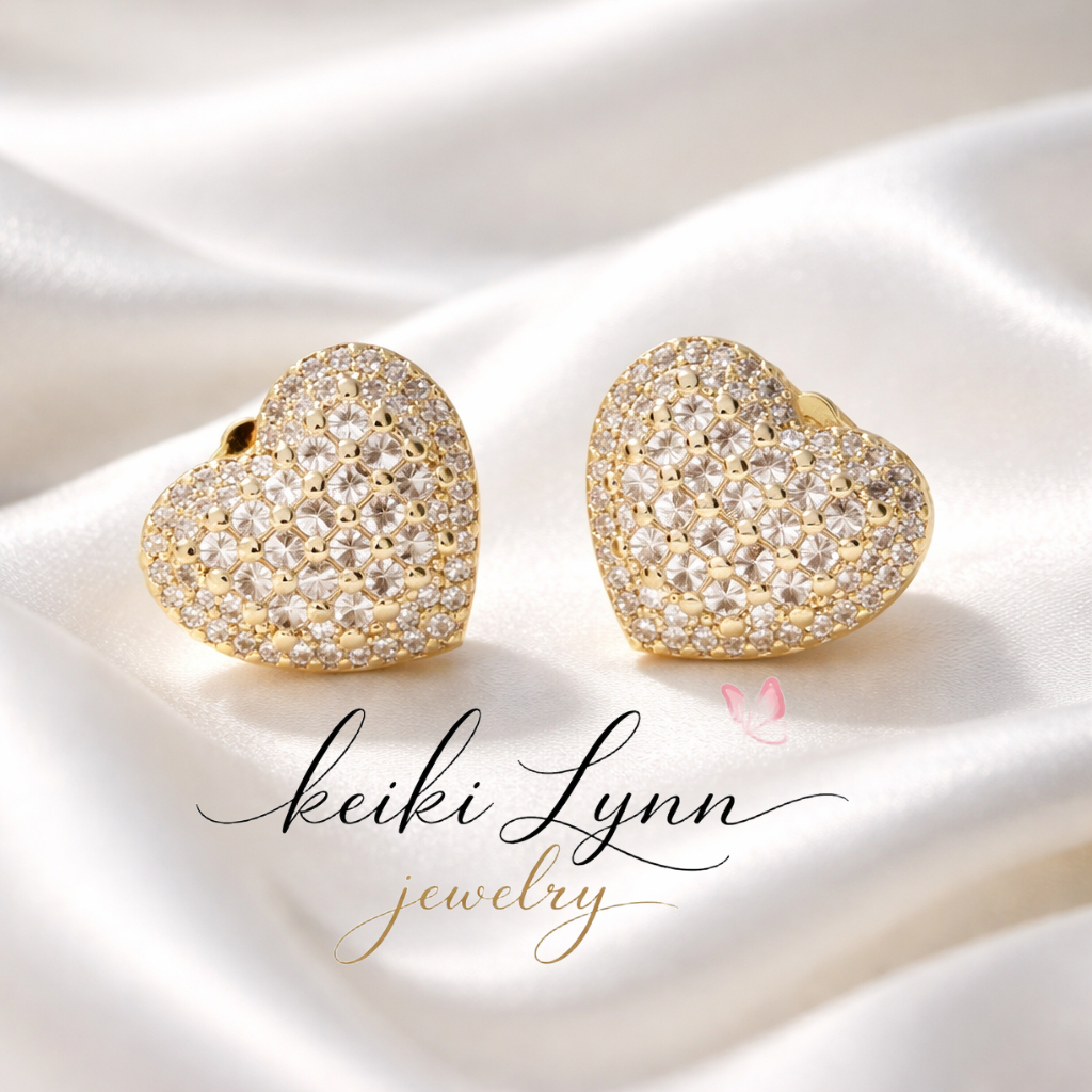 14k Gold Plated Elegant Zircon Heart Stud Earrings