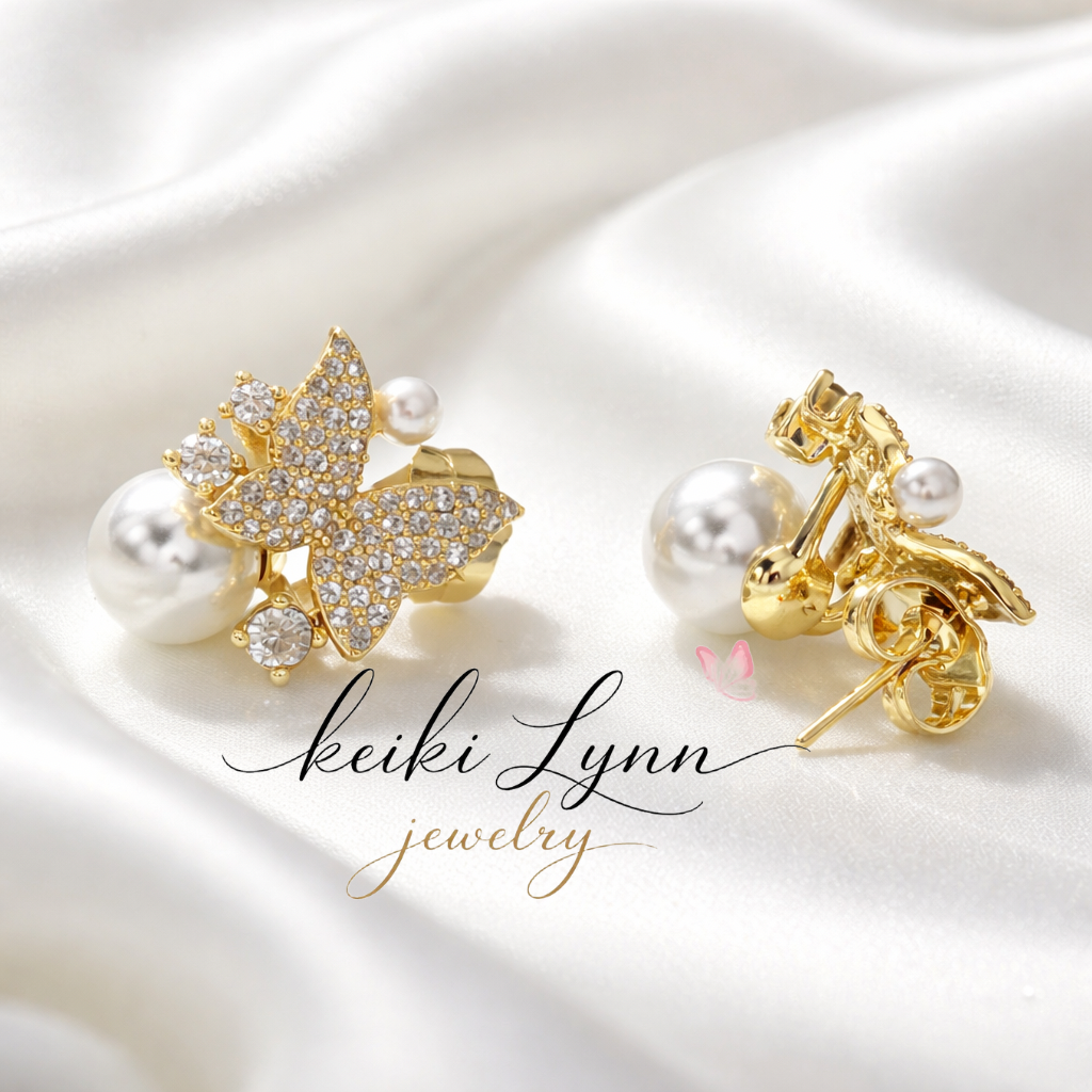 14k Gold Plated Butterfly Pearl Stud Earrings