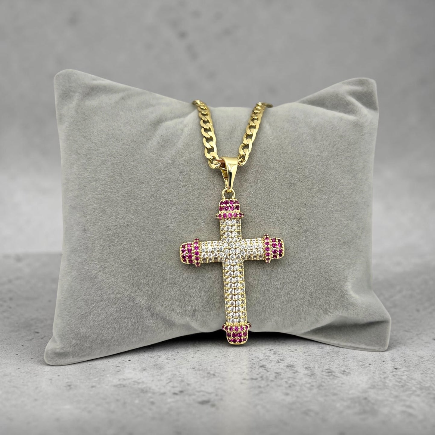 Pink CZ Cross Necklace ~14k Gold Plated