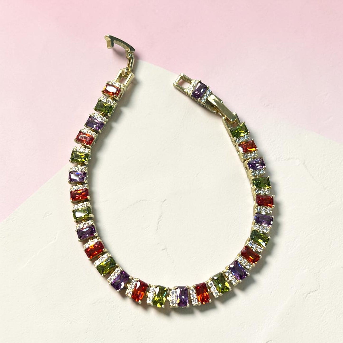 Multi Color CZ Tennis Bracelet ~14k Gold Plated 6.5 inches