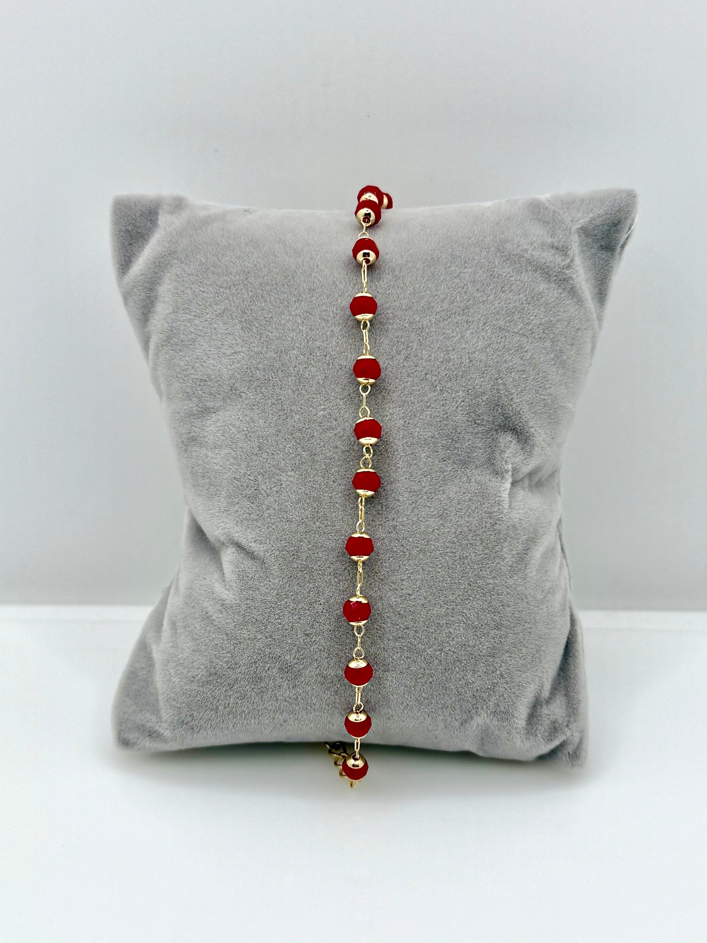 14k Gold Plated 6”-7.5” inches Red Beaded Gold Bracelet #102