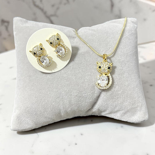 Cat CZ Necklace & Earrings set~14k Gold Plated