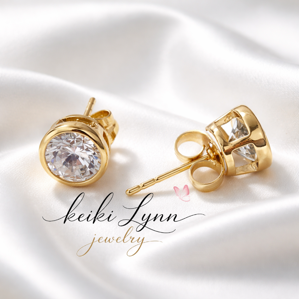 14k Gold Plated Clear Round Stud Earrings