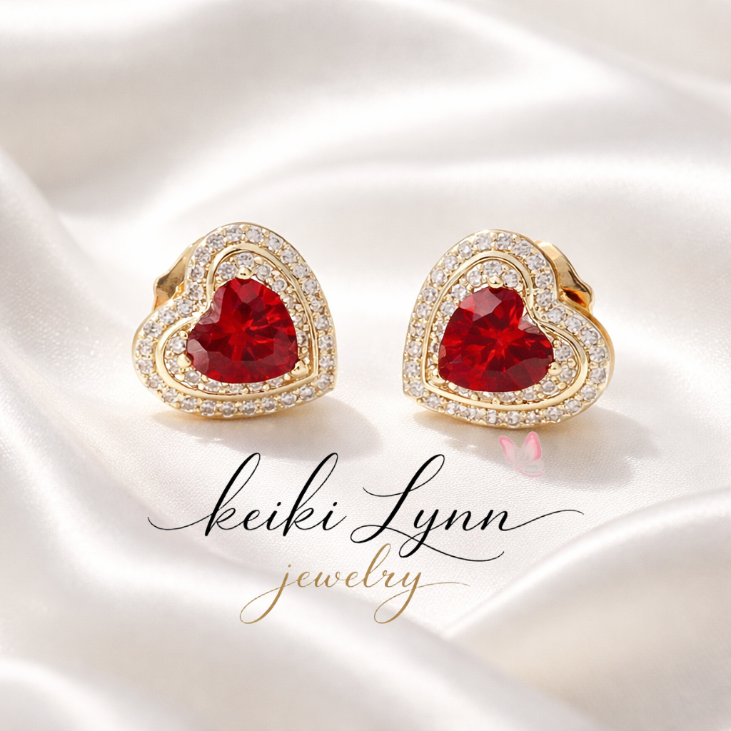 14k Gold Plated Elegant Red Heart Stud Earrings
