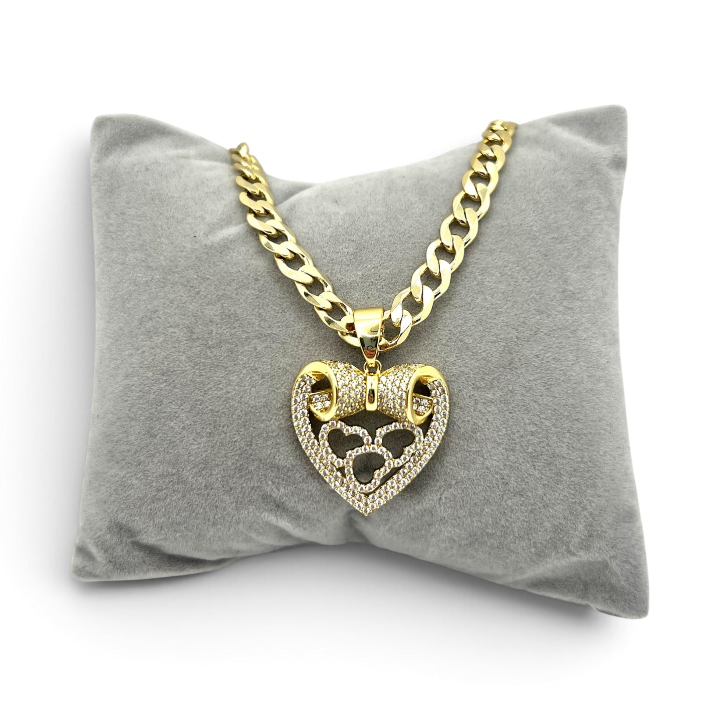Heart CZ Pendant With 17.5 inches Cuban Necklace~14k Gold Plated