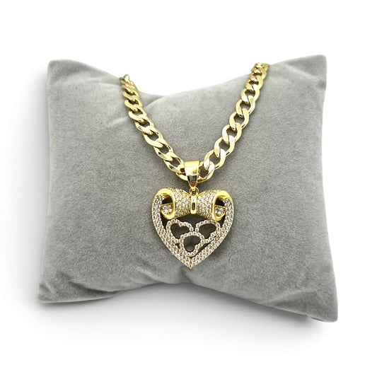 Heart CZ Pendant With 17.5 inches Cuban Necklace~14k Gold Plated