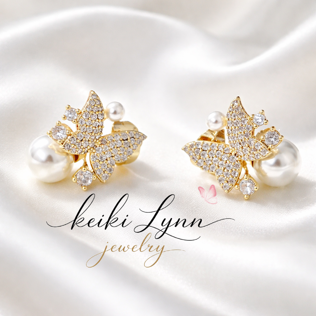 14k Gold Plated Butterfly Pearl Stud Earrings