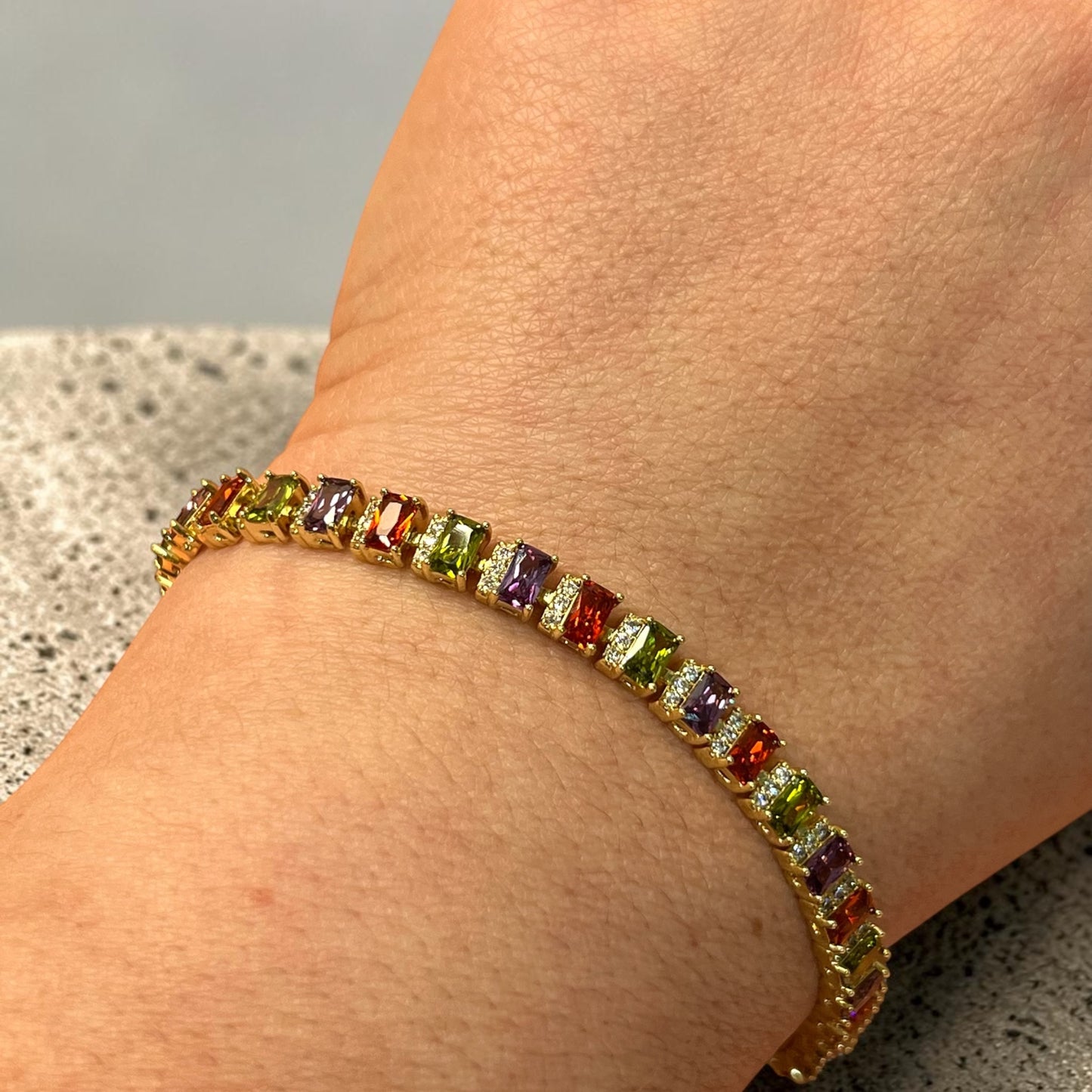 Multi Color CZ Tennis Bracelet ~14k Gold Plated 6.5 inches