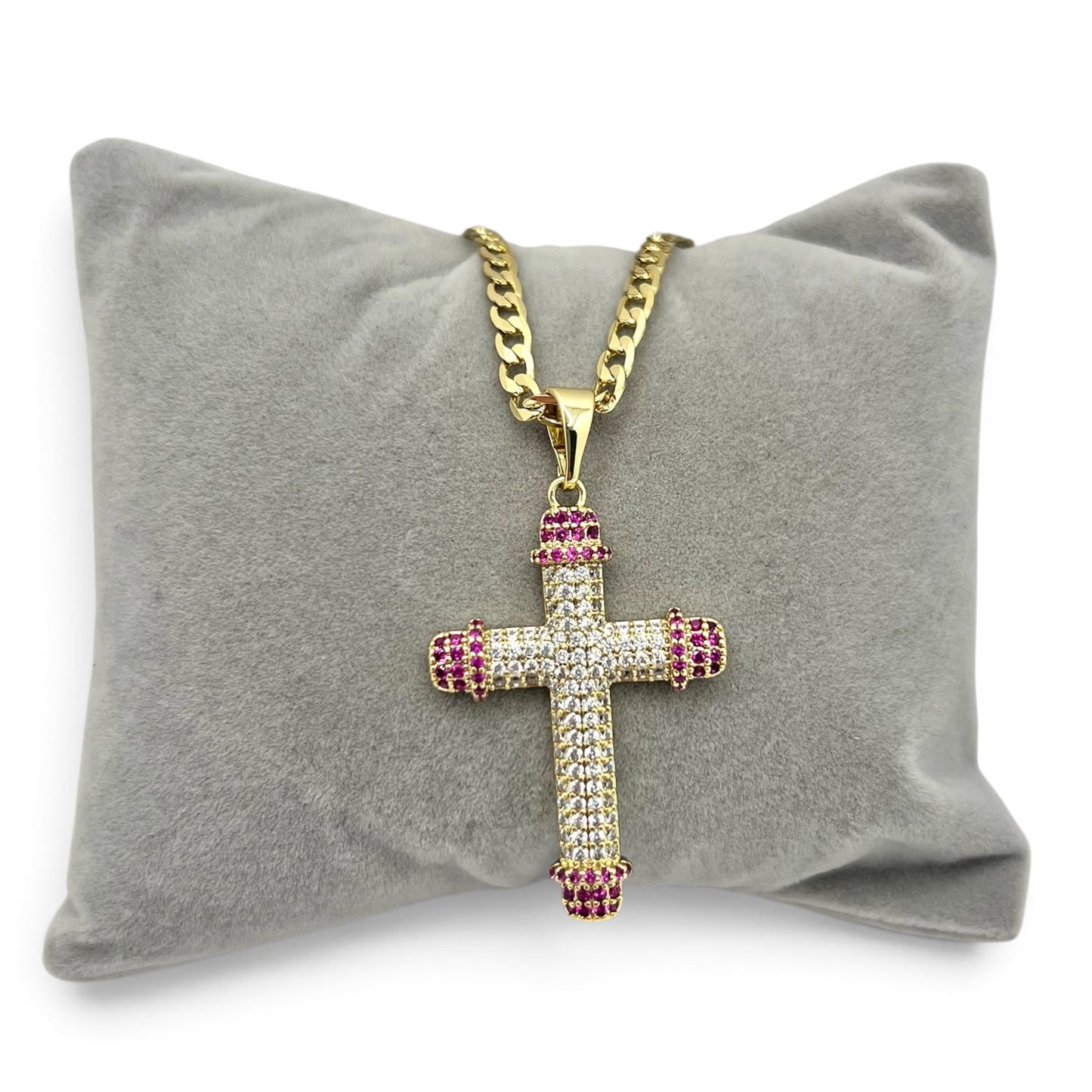 Pink CZ Cross Necklace ~14k Gold Plated