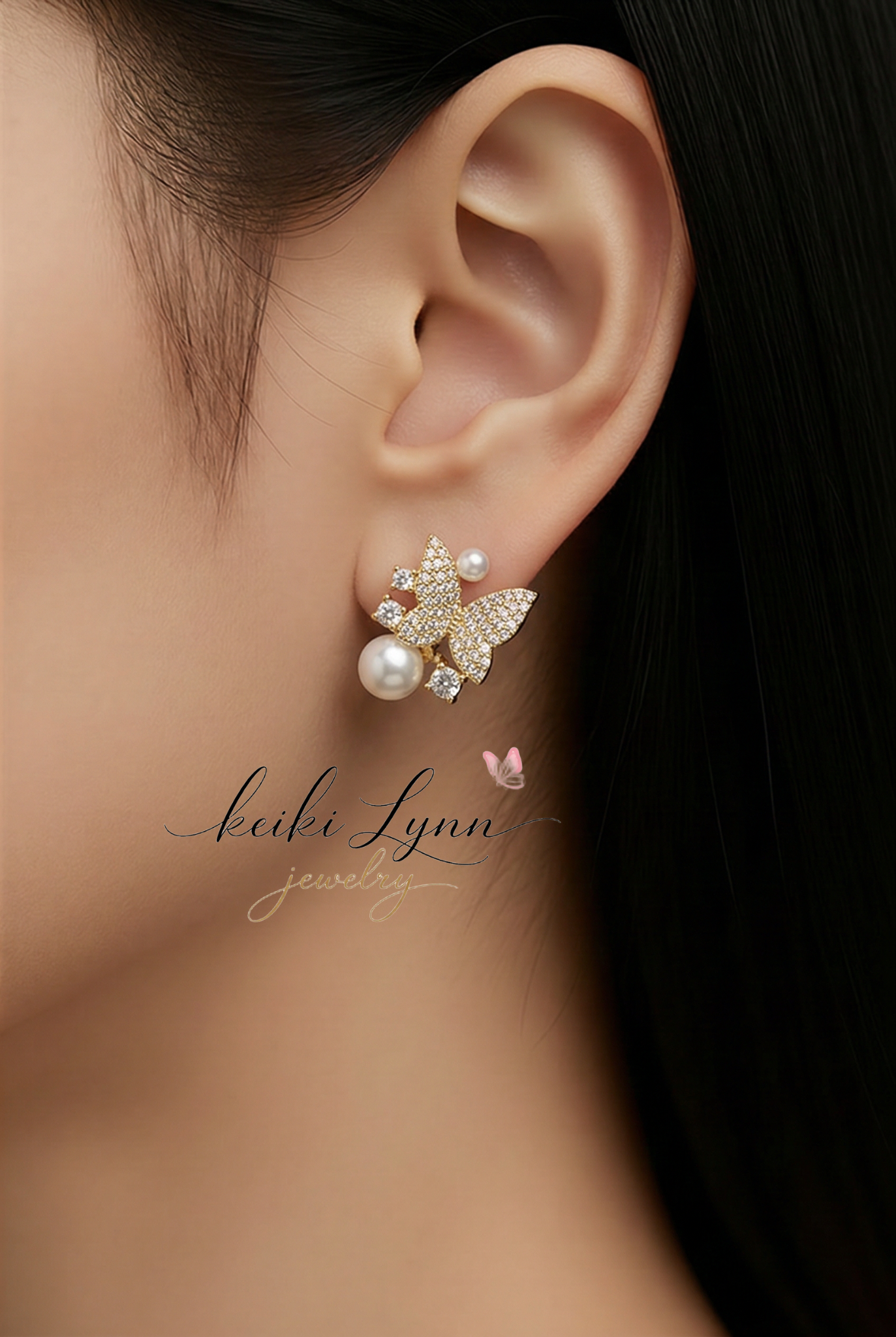 14k Gold Plated Butterfly Pearl Stud Earrings
