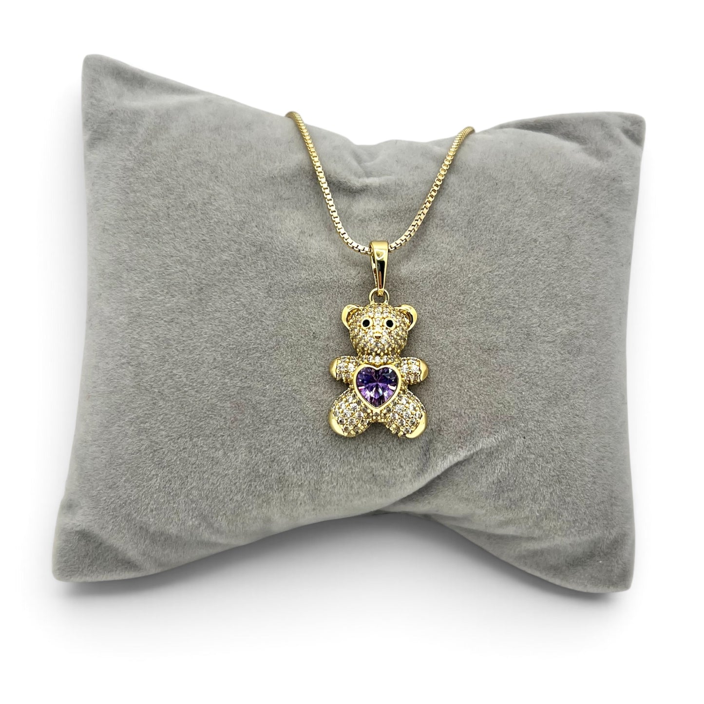 Purple Heart CZ Teddy Necklace 19.5 inches ~14k Gold Plated