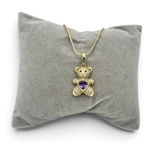Purple Heart CZ Teddy Necklace 19.5 inches ~14k Gold Plated