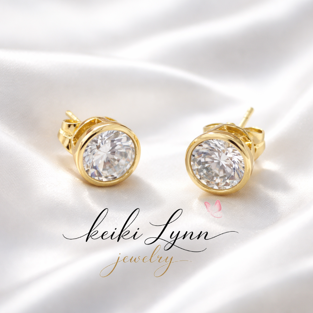 14k Gold Plated Clear Round Stud Earrings
