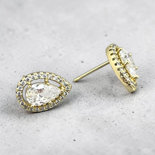 14k Gold Plated Clear Zircon Tear Drop Stud Earrings