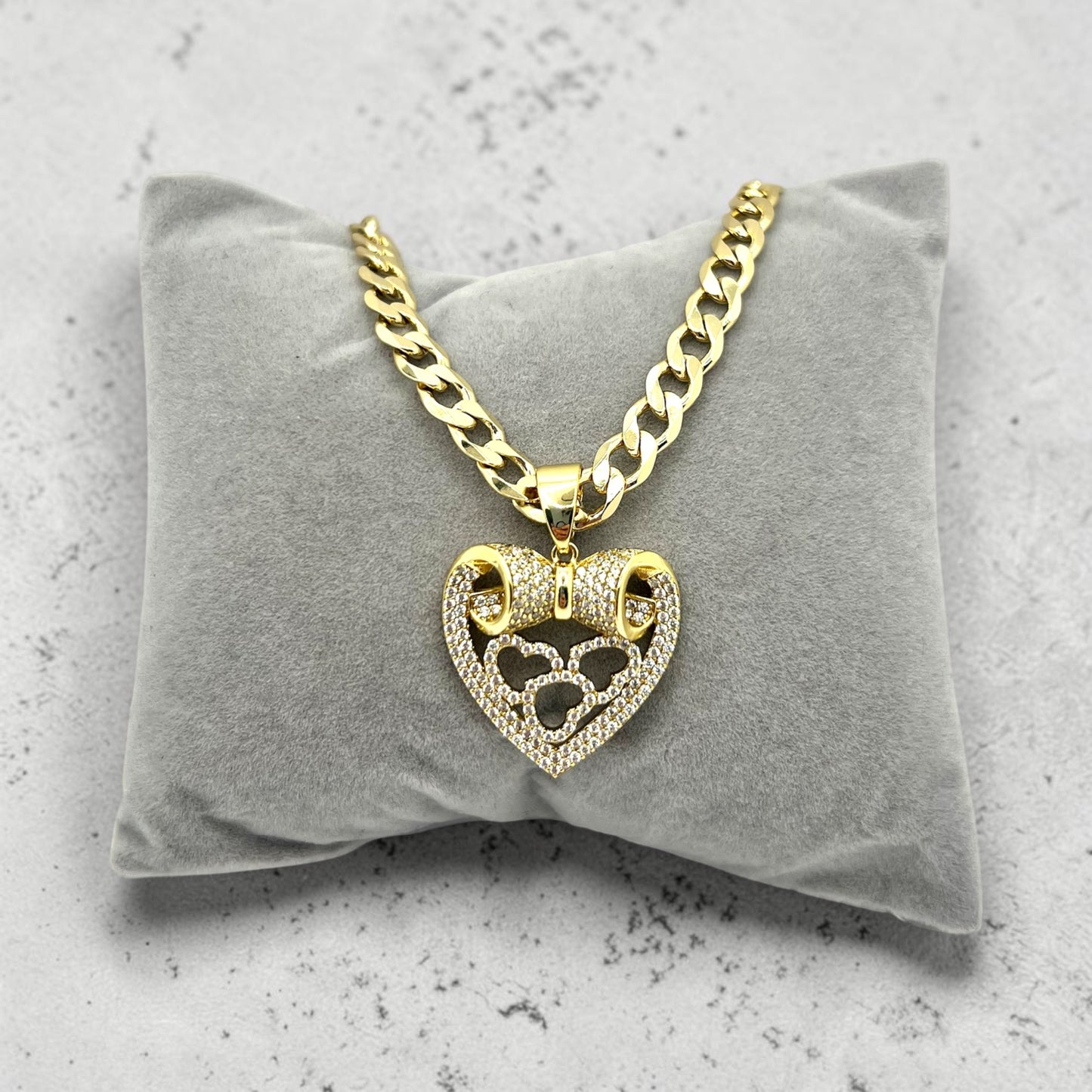 Heart CZ Pendant With 17.5 inches Cuban Necklace~14k Gold Plated