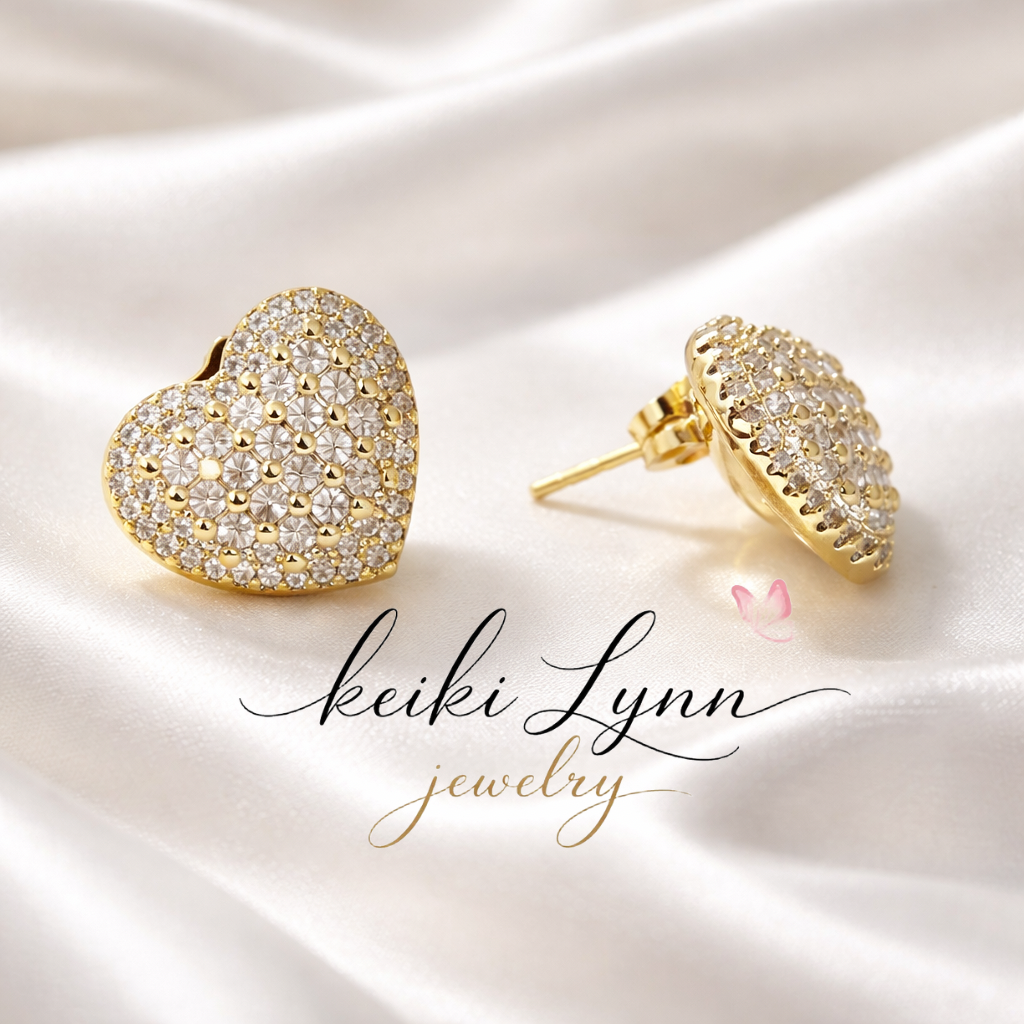 14k Gold Plated Elegant Zircon Heart Stud Earrings