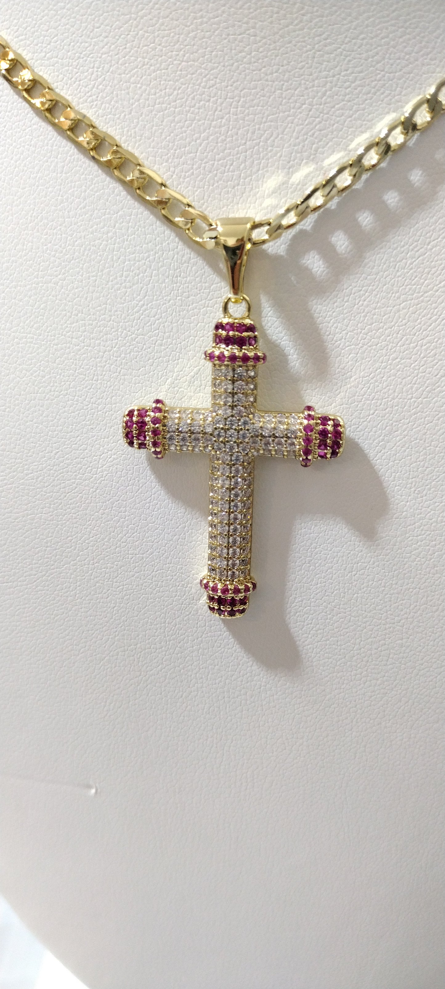 Pink and white Cross With Cuban Link