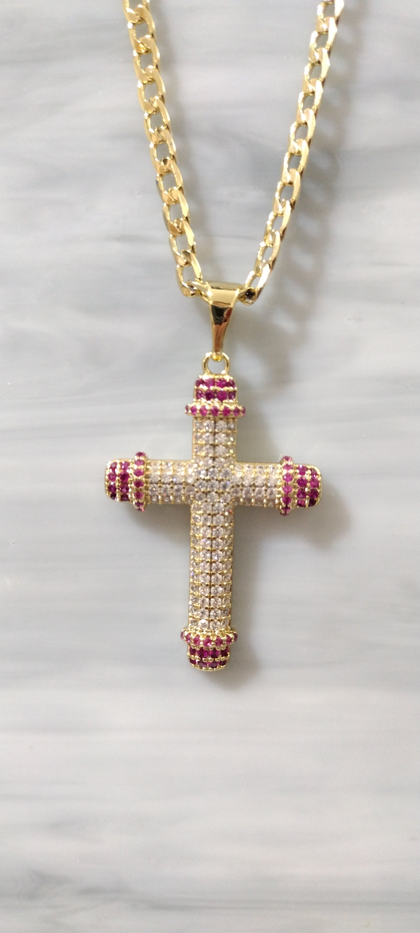 Pink and white Cross With Cuban Link